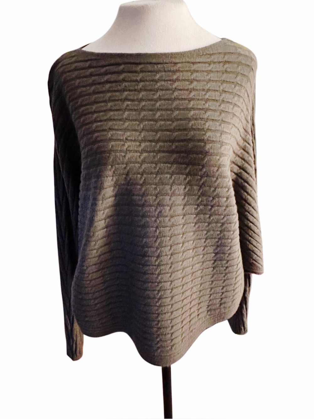 Apricot Olive Green Textured Knit Sweater Large Dolman Sleeve Pullover